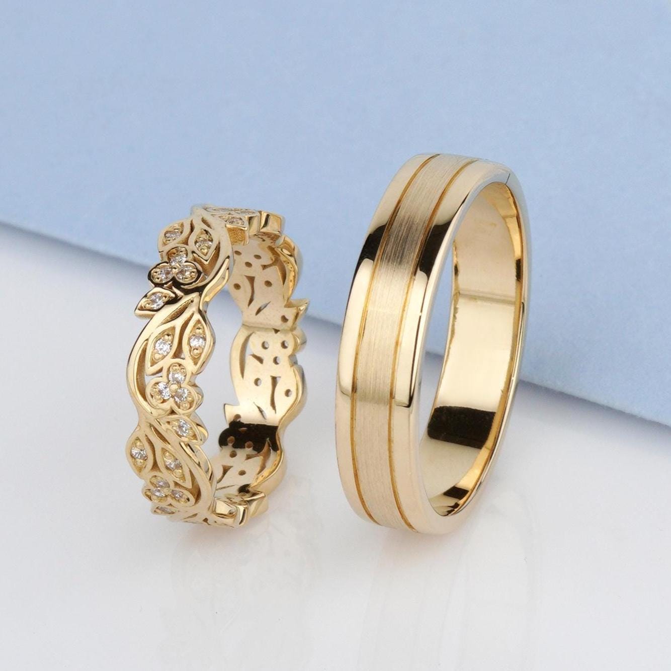 14k Gold Floral Wedding Bands. Matching Wedding Ring Set. Unique
