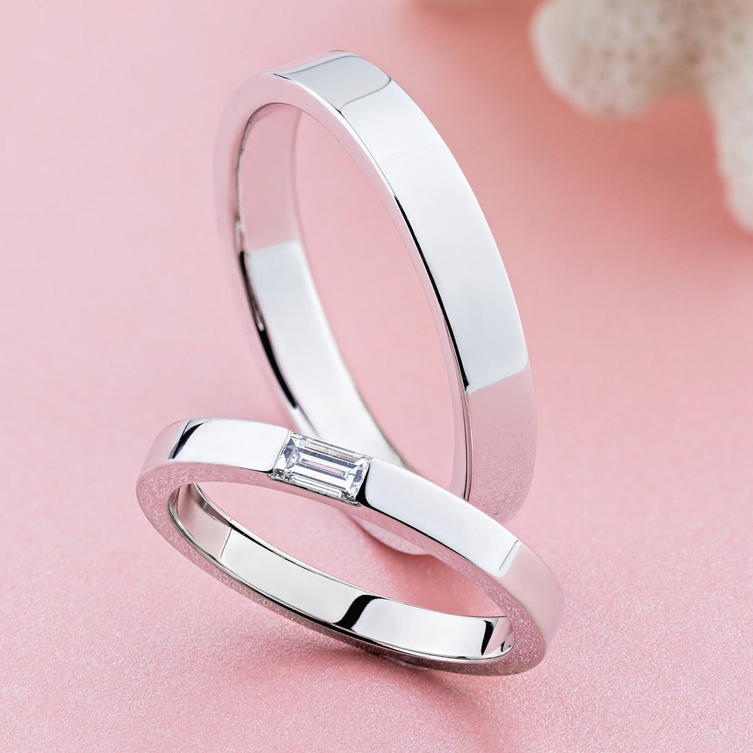 Gold Wedding Bands Set With Baguette Cut Diamond. Couple Wedding Rings. Thin Wedding Bands