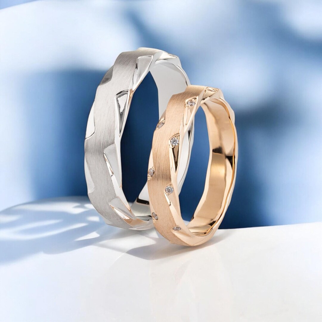 Couple Wedding Ring Set. Unique 14k Gold Wedding Bands. Gold Wedding ...