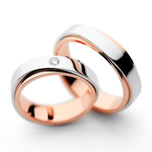 Matching wedding bands made of two colors of gold. Couple wedding rings. Two-tone wedding rings set. His and hers wedding bands. Gold rings