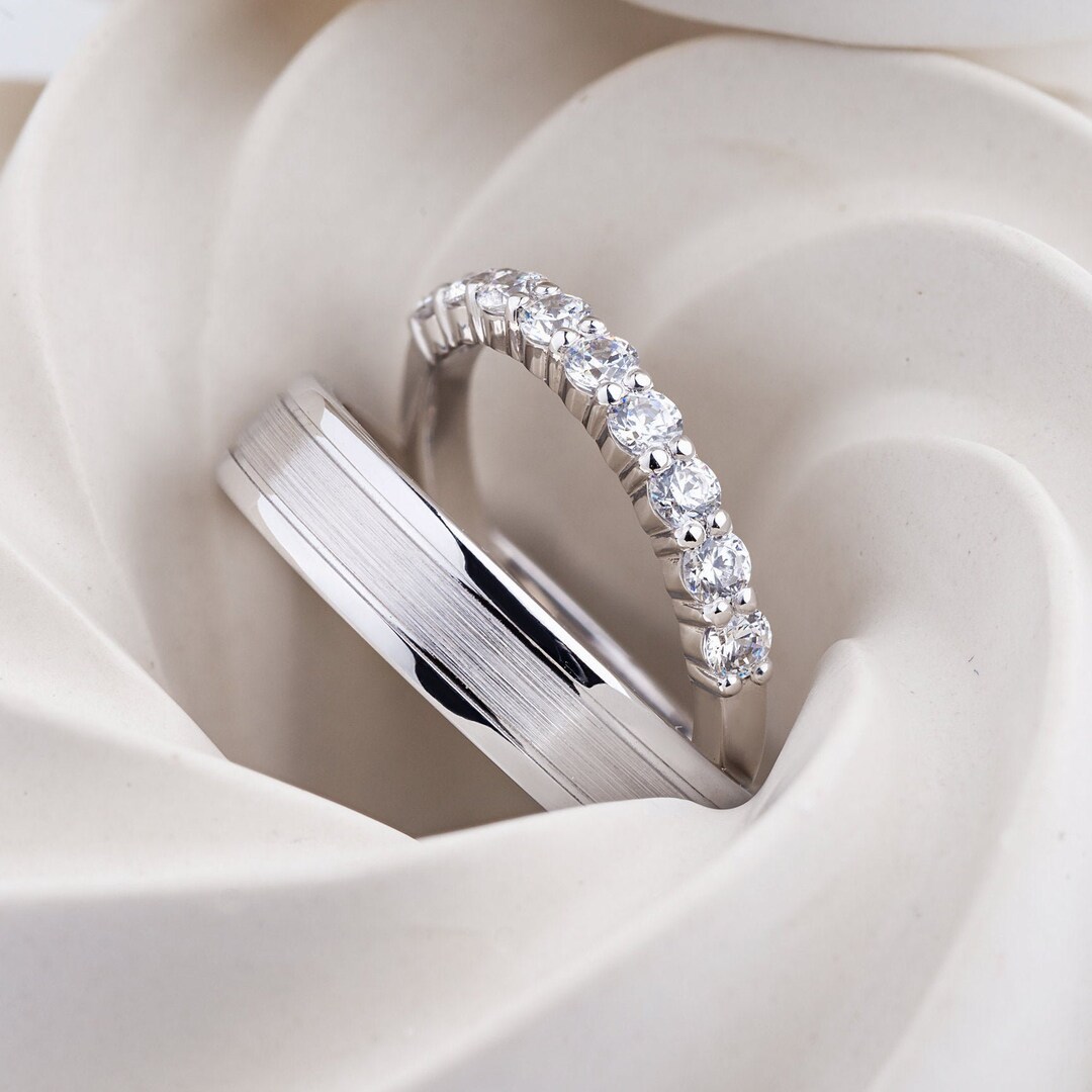 Wedding Rings Set for Groom and Bride. White Gold Diamond Wedding Bands