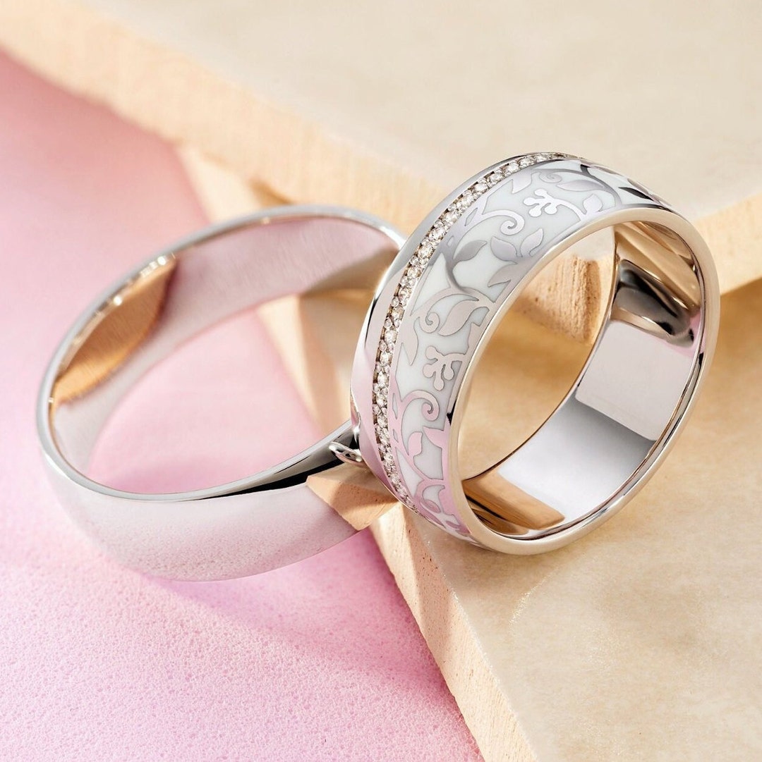 Unique Wedding Bands With Enamel. Floral Wedding Bands. Couple Rings ...