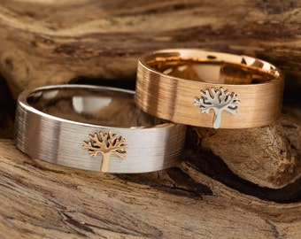 Rustic gold bands with family tree. Unique wedding bands. Wedding ring set. Boho wedding rings. Tree wedding band. Gold wedding rings set