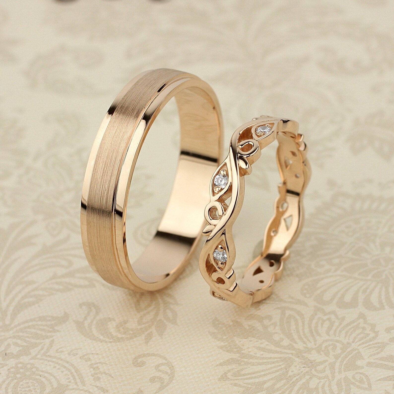 Gold Wedding Bands Set With Diamonds. Couple Rings Set. His and Hers