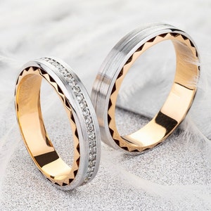 Gold wedding bands with unique design. Matching wedding bands. His and hers wedding bands set. Couple wedding rings. Modern wedding bands