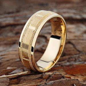 Gold wedding band for men. Wide wedding ring. Heavy wedding band made of solid 14k gold.