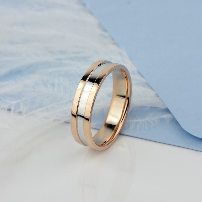 Matching wedding bands made of two colors of gold. Wedding rings set. His and hers wedding bands. Two-tone gold wedding bands set. image 5