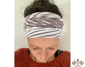 breites Stirnband, elastisches Bandana, Turban Haarband Damen gestreift in grau/beige/weiß