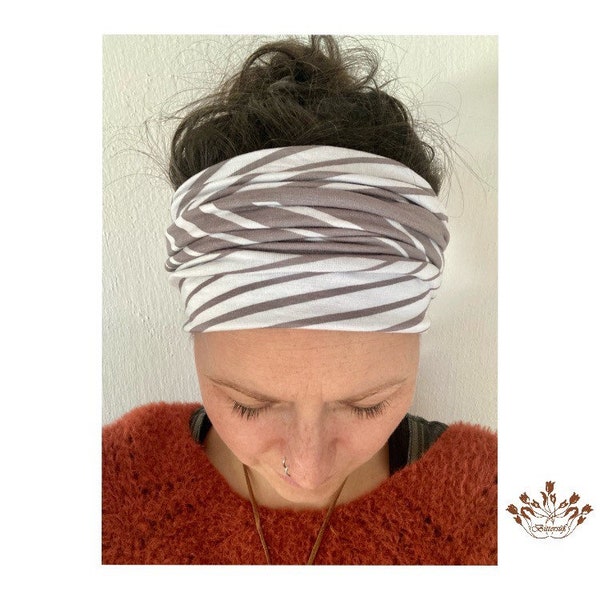 breites Stirnband, elastisches Bandana, Turban Haarband Damen gestreift in grau/beige/weiß