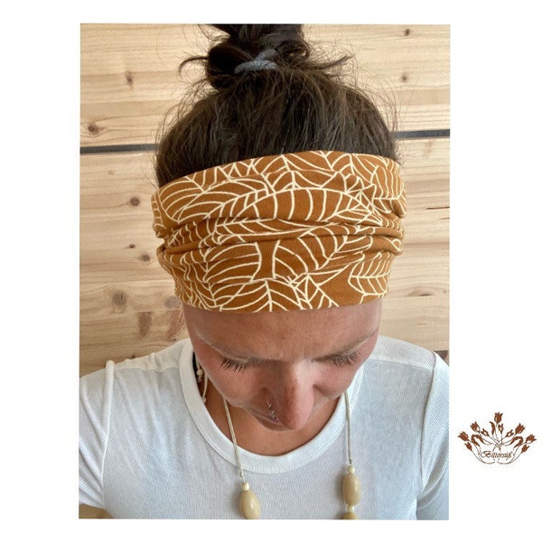 breites Stirnband, elastisches Bandana, Turban Haarband für Damen gemustert in senfgelb/okker