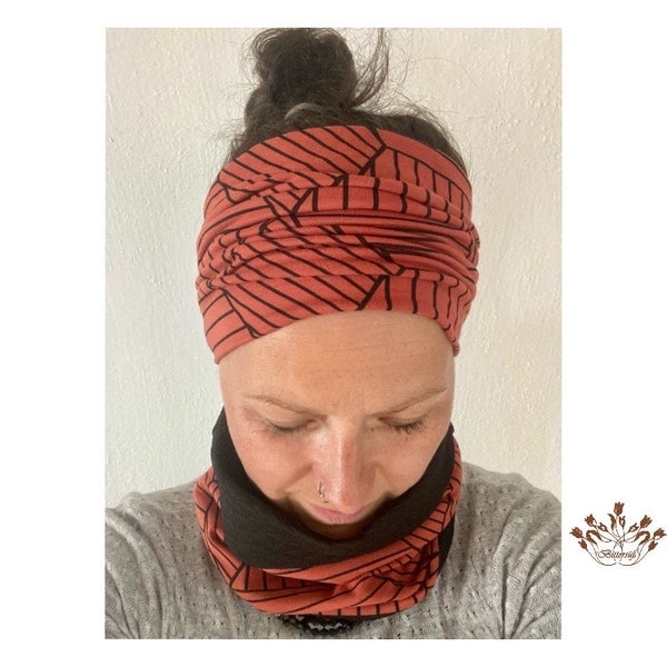 fascia larga, bandana elastica, fascia per capelli turbante da donna in rame con strisce nere - a scelta con sciarpa tubolare