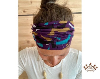 breites Stirnband, elastisches Bandana, Turban Haarband für Damen gemustert in lila/türkis/schwarz/grau