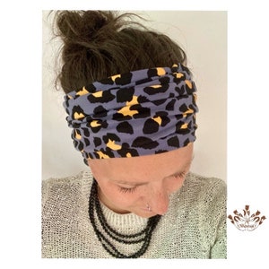 Diadema ancha, bandana elástica, turbante para mujer y niña, estampado de leopardo en azul.