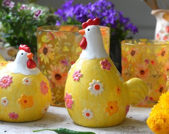 The Sunshine Hens | Floral Chicken Figurines, Farmhouse Decor,Set of 2