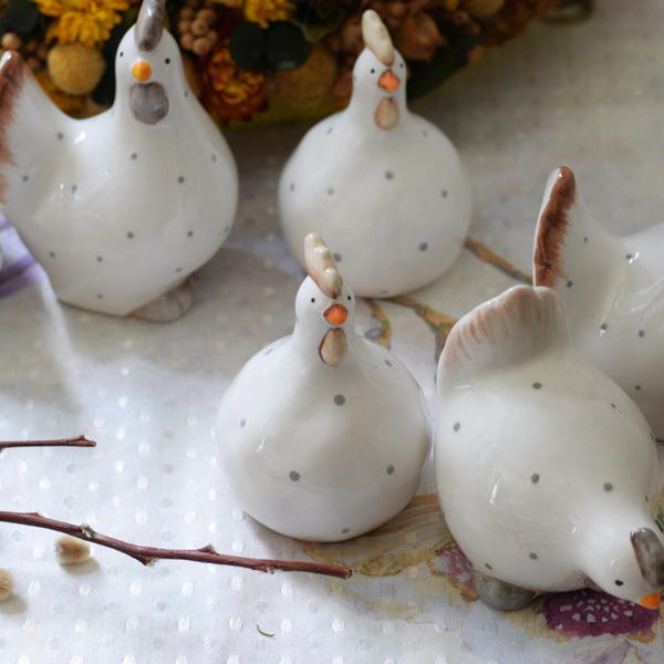 Ceramic Country Chicken Figurines, Polka Dot Farmhouse Decor, 3 styles