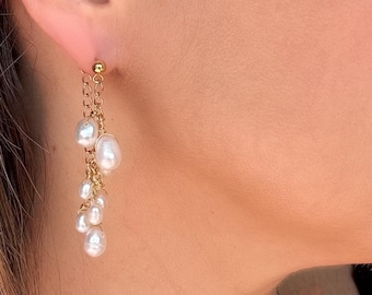 Baroque Pearl Drop Earrings with Gold Chain Dangle