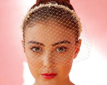 CAGE VEIL HEADBAND - pearl birdcage headband fascinator pearl veil blusher veil bridal pearl headband wedding fascinator ivory birdcage veil