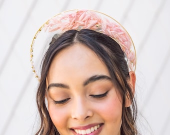 PINK FLOWER HEADBAND festival flower headband bridal headband pink flower wedding headpiece, flower halo, gold and pink headband