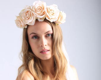 IVORY FLOWER CROWN - large flower crown - festival crown - floral crown - bridal headpiece - rose crown - floral halo - wedding crown
