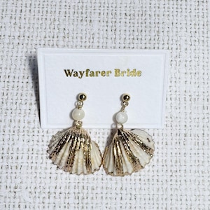 EARRINGS SHELL PEARL | Gold Shell Drop Earrings Coastal Bridal Jewelry Beach Wedding Accessories Nautical Statement Earrings Gift