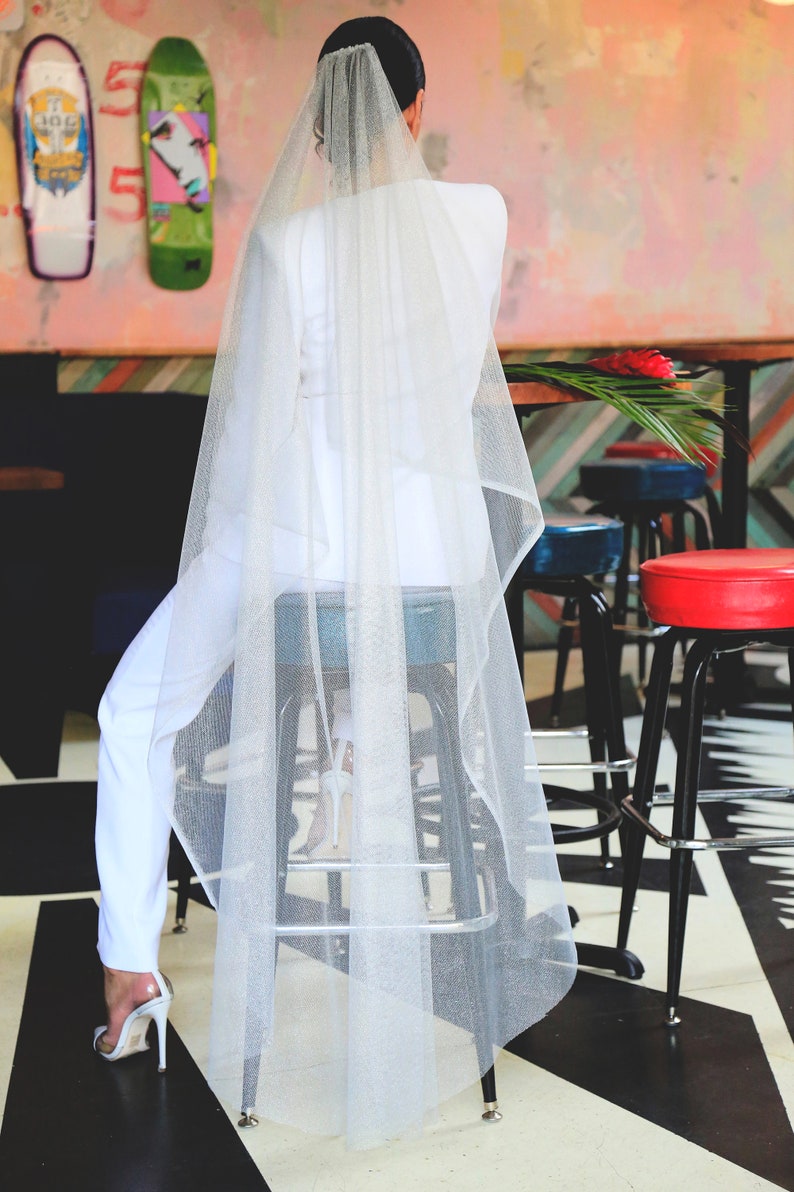 BRIDAL VEIL SILVER metallic tulle veil, silver veil, long veil, draped veil, cascade veil, bridal veil, wedding veil, bridal accessories zdjęcie 6