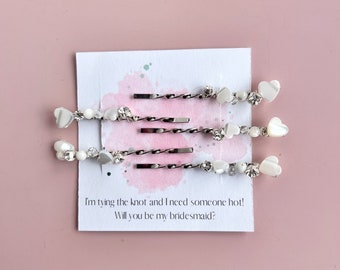 BRIDESMAID PIN GIFT - bridesmaid proposal gift, bridesmaid pearl pins, heart pin set, bobby pin pearl gift, bachelorette gift, heart pins