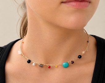 Colorful Gemstone Choker, Gift for Her, Gold Layering Necklace