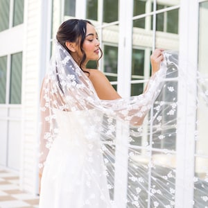 Hand Embroidered Flower Wedding Veil: 90&quot; Boho Bridal Tulle