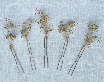 GOLD FLOWER PINS - dried flower pins gold baby's breath pins bridal pins flower hair pins bridesmaid hair pins gift flower bobby pin gift