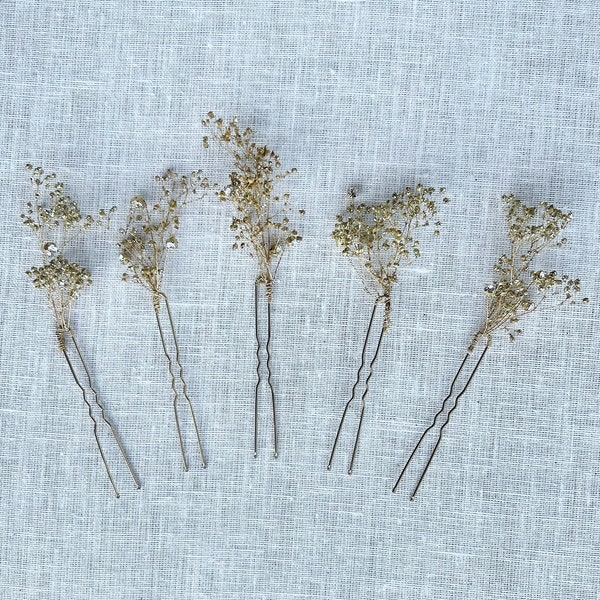 GOLD FLOWER PINS - dried flower pins gold baby's breath pins bridal pins flower hair pins bridesmaid hair pins gift flower bobby pin gift