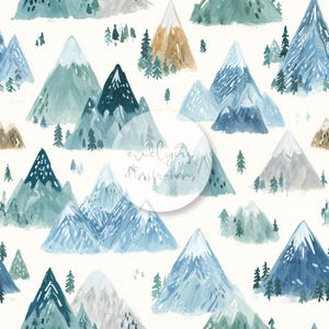 May include: A repeating pattern featuring watercolor-style mountains in shades of blue, teal, and brown, interspersed with small green pine trees on a white background. A circular logo with the text evelyn illustrations is centered.