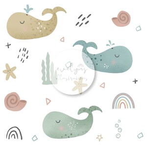 以下が含まれることがあります： ベージュ、青、緑色の3匹のクジラ、ヒトデ、貝殻、虹が描かれた気まぐれなイラスト。デザインには抽象的な形が含まれており、白い背景に「evelyns illustrations」の文字が描かれています。