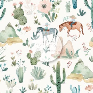 Puede incluir: Ilustración en acuarela con un patrón repetido de cactus, montañas, flores y vaqueros a caballo. El diseño utiliza una paleta de colores suaves de verdes, rosas y azules, creando una estética caprichosa con temática desértica.