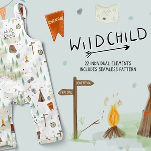 May include: A white baby romper with a map and camping-themed pattern, featuring teepees, trees, and campfires. The text "WILD CHILD" is printed on the romper. Additional elements include a compass, map, and signposts with "ADVENTURE" and "EXPLORE" text.