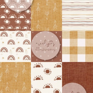 Könnte beinhalten: Ein Set mit 10 digitalen Papiermustern im Boho-Stil mit verschiedenen Designs, darunter Regenbögen, Sonnen, Pfeile und Gingham. Die Muster sind in Braun-, Weiß- und Beigetönen gehalten.