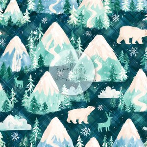 May include: A seamless pattern featuring white polar bears and teal deer silhouettes amidst snow-capped mountains, evergreen trees, and white snowflakes on a dark teal plaid background. The text evelyns illustrations is centered.