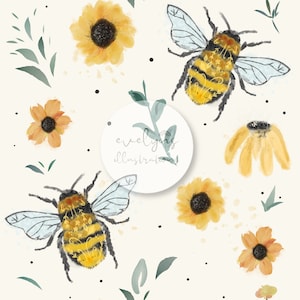 Könnte beinhalten: Ein nahtloses Muster mit gelben und orangefarbenen Sonnenblumen, Bienen und grünen Blättern auf weißem Hintergrund. Das Muster ist perfekt für Stoff, Tapete oder Geschenkpapier.