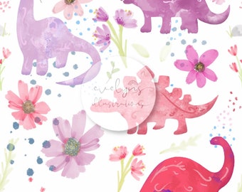 Pink Dinosaurs Seamless Pattern / Fabric Design / Surface Pattern / Digital Download / Repeat Pattern / Digital Pattern