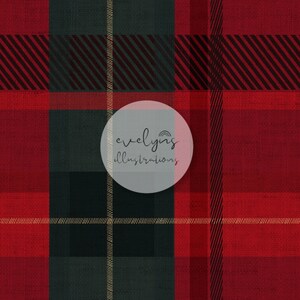 May include: Red and green plaid pattern with a white circle in the center that says "evelyns illustrations".