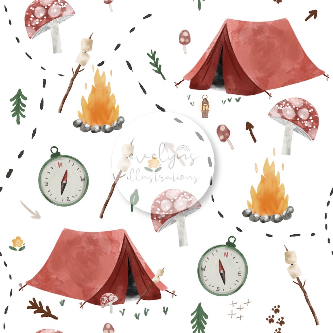 Camping Adventure White Seamless Pattern / Fabric Design / Surface ...