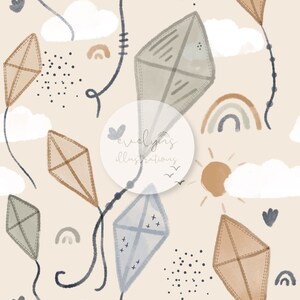 May include: A seamless pattern featuring kites in shades of brown and blue, along with clouds, a sun, and rainbows. The pattern is set against a light beige background. The text "evelyns illustrations" is included in a circle.
