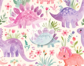 May include: A seamless pattern featuring watercolor illustrations of various dinosaurs including stegosaurus and triceratops in shades of pink and purple, interspersed with green foliage and colorful flowers on a cream background.