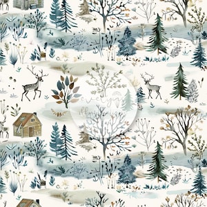 Puede incluir: Ilustración en acuarela de una escena de bosque invernal con ciervos, cabañas y árboles en tonos azules, verdes y marrones. El diseño presenta un patrón repetitivo de un paisaje nevado con un estilo caprichoso.