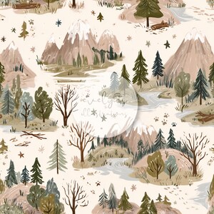 May include: A seamless pattern illustration featuring snow-capped mountains, evergreen trees, winding rivers, and bare deciduous trees on a cream background. Small animal paw prints and star shapes are scattered throughout the landscape design.