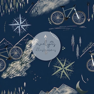 May include: A dark blue seamless pattern featuring mountain bikes, compass roses, mountain ranges, pine trees, arrows, and a crescent moon. A circular logo in the center displays the text evelyns illustrations with an arrow graphic.