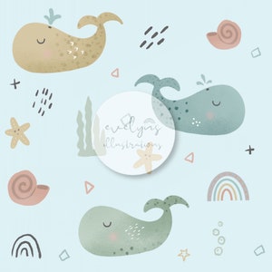 May include: A whimsical illustration featuring three whales in shades of tan, blue, and green, along with starfish, seashells, and a rainbow. The design includes the text "evelyns illustrations" on a white circle, all set against a light blue background.