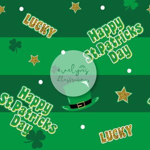 May include: A festive St. Patrick's Day design with a green background featuring text that says "Happy St. Patrick's Day" and "Lucky". The design includes gold glitter stars, shamrocks, and a green leprechaun hat.
