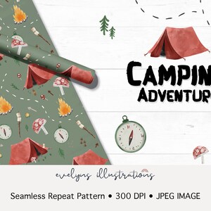 Camping Adventure Green Seamless Pattern / Fabric Design / Surface ...