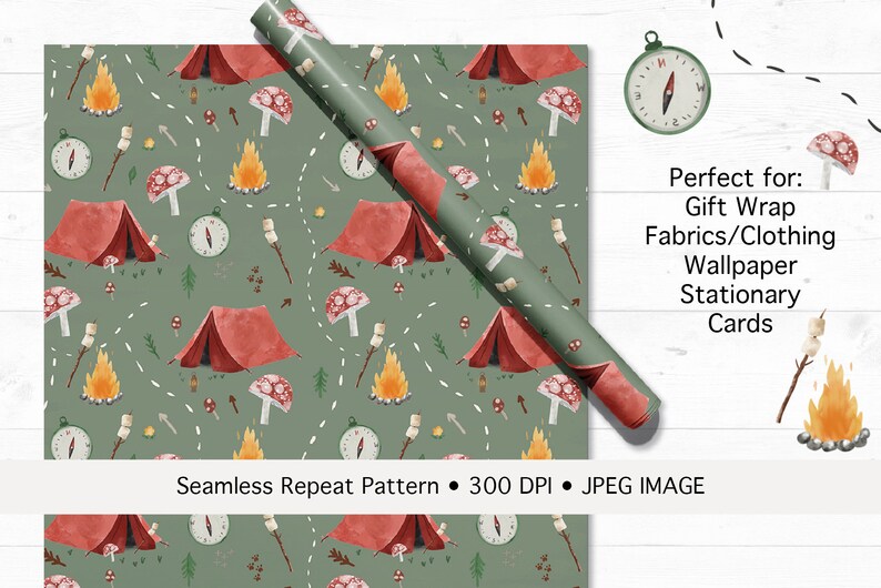 Camping Adventure Green Seamless Pattern / Fabric Design / Surface ...