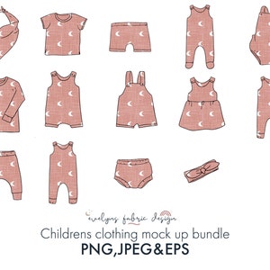May include: A set of 12 digital illustrations of children's clothing mockups featuring a pink and white crescent moon pattern. The mockups include a headband, a long-sleeved shirt, a short-sleeved shirt, a pair of trousers, a pair of shorts, a dress, a pair of dungarees, and a onesie.